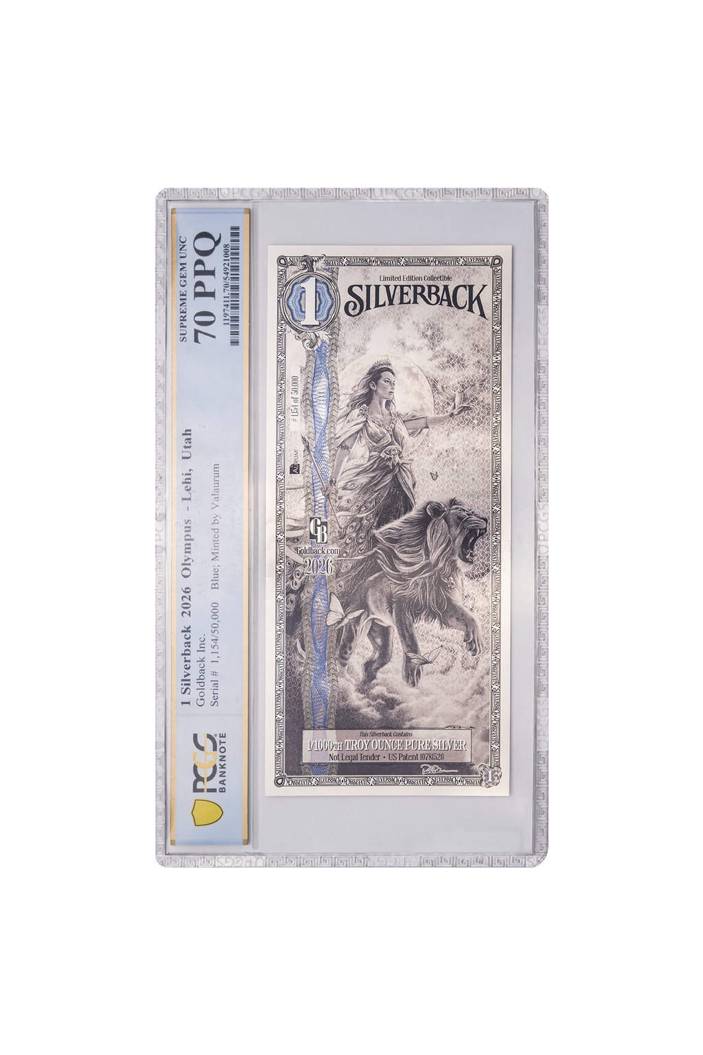 2026 Hera Silverback Graded Standard in a PCGS Banknote 70 PPQ holder, blue border
