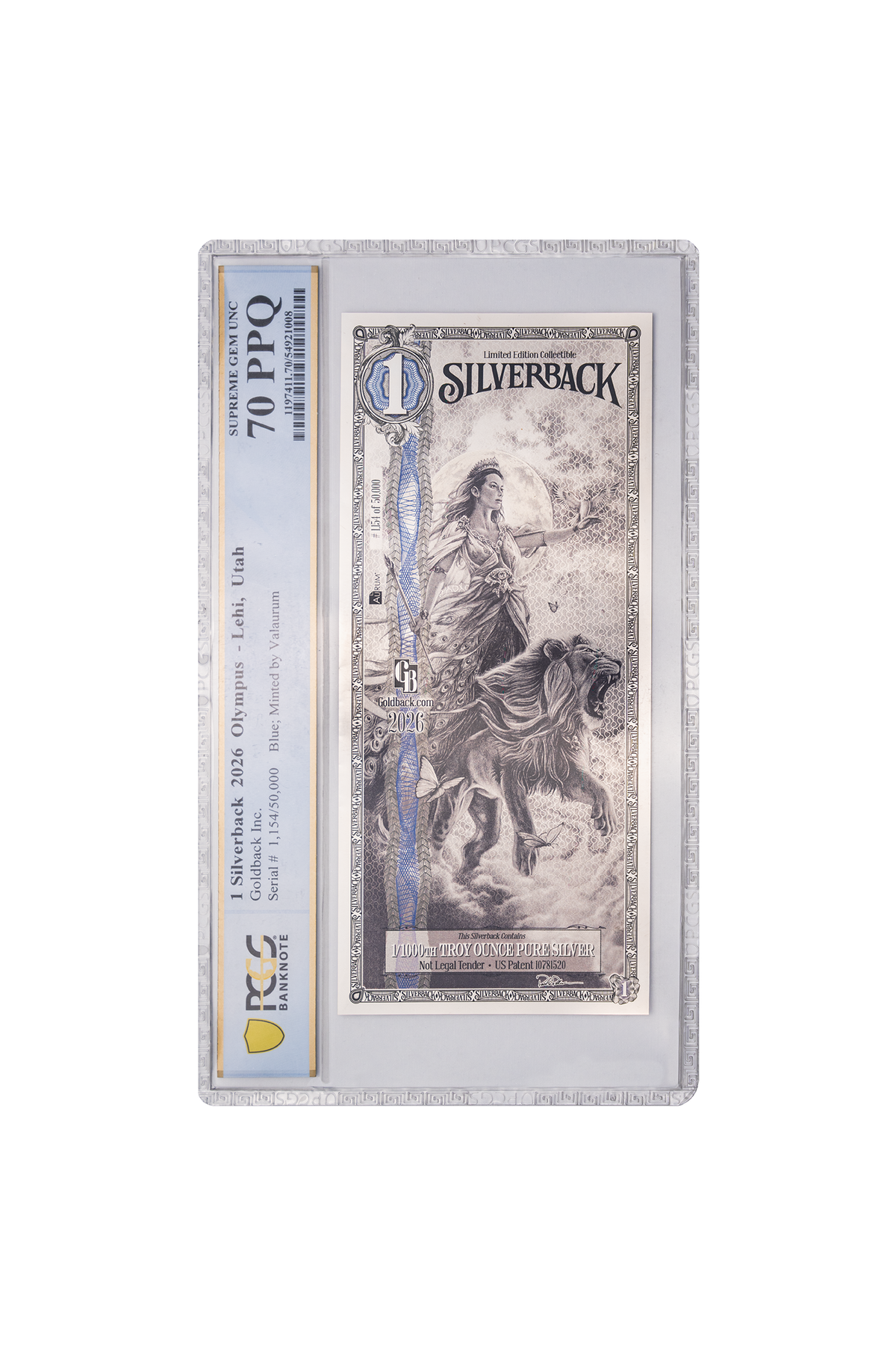 2026 Hera Silverback Graded Standard in a PCGS Banknote 70 PPQ holder, blue border