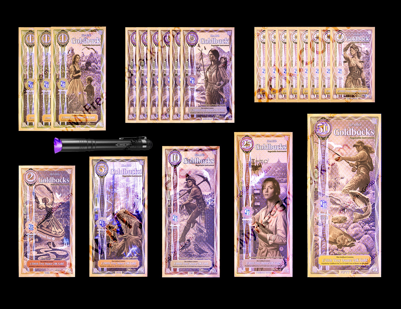 Idaho Goldbacks Mix Pack Version B- 1/4, 1/2 ,1, 2, 5, 10, 25, 50 (100 Face Value)