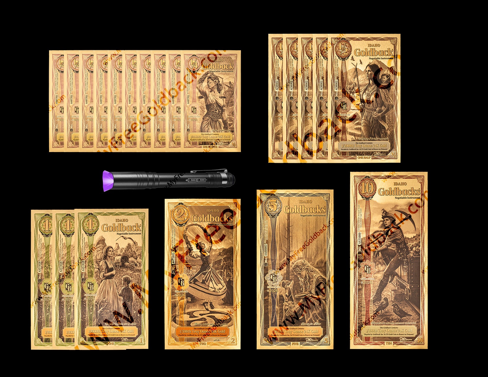Idaho Goldbacks Starter Pack Version B- 1/4, 1/2 ,1, 2, 5, 10 (25 Face Value)