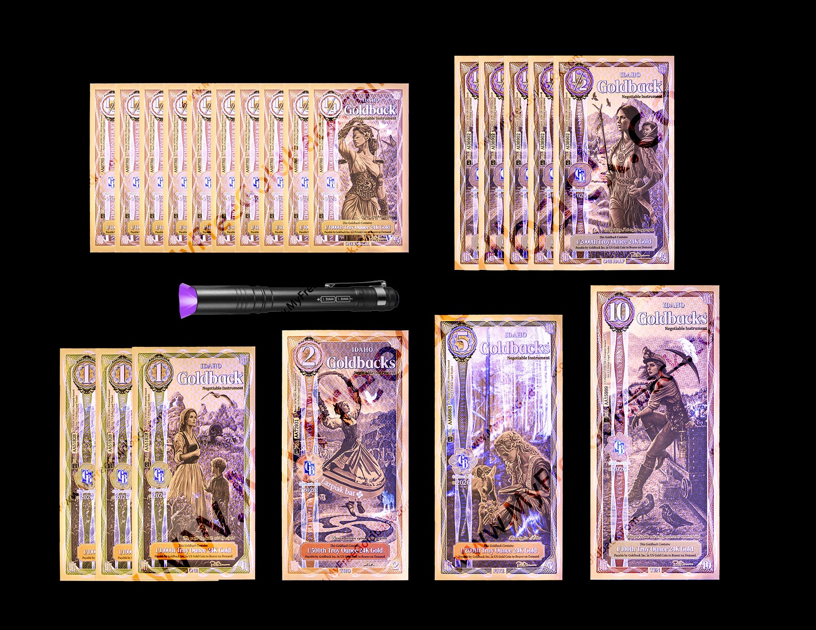 Idaho Goldbacks Starter Pack Version B- 1/4, 1/2 ,1, 2, 5, 10 (25 Face Value)