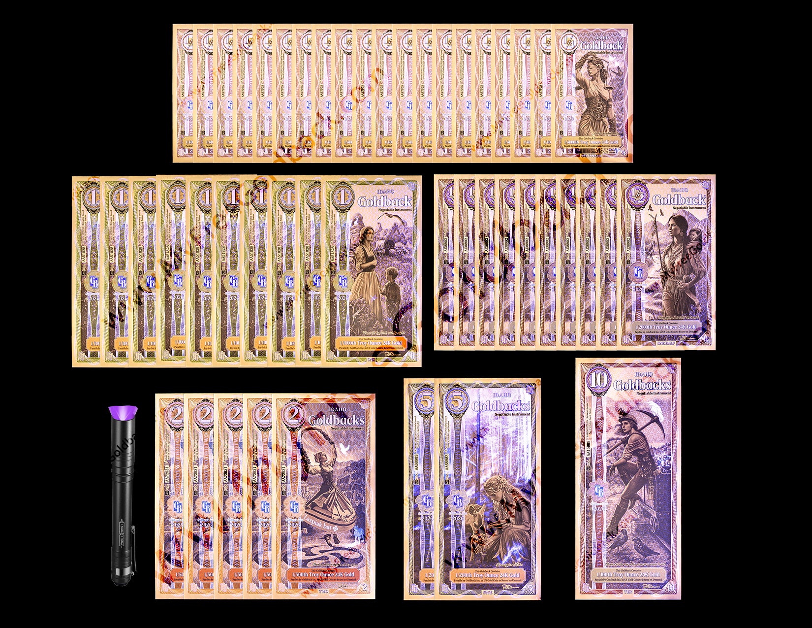 Idaho Goldbacks Variety Pack Version A- 1/4, 1/2 ,1, 2, 5, 10 (50 Face Value)