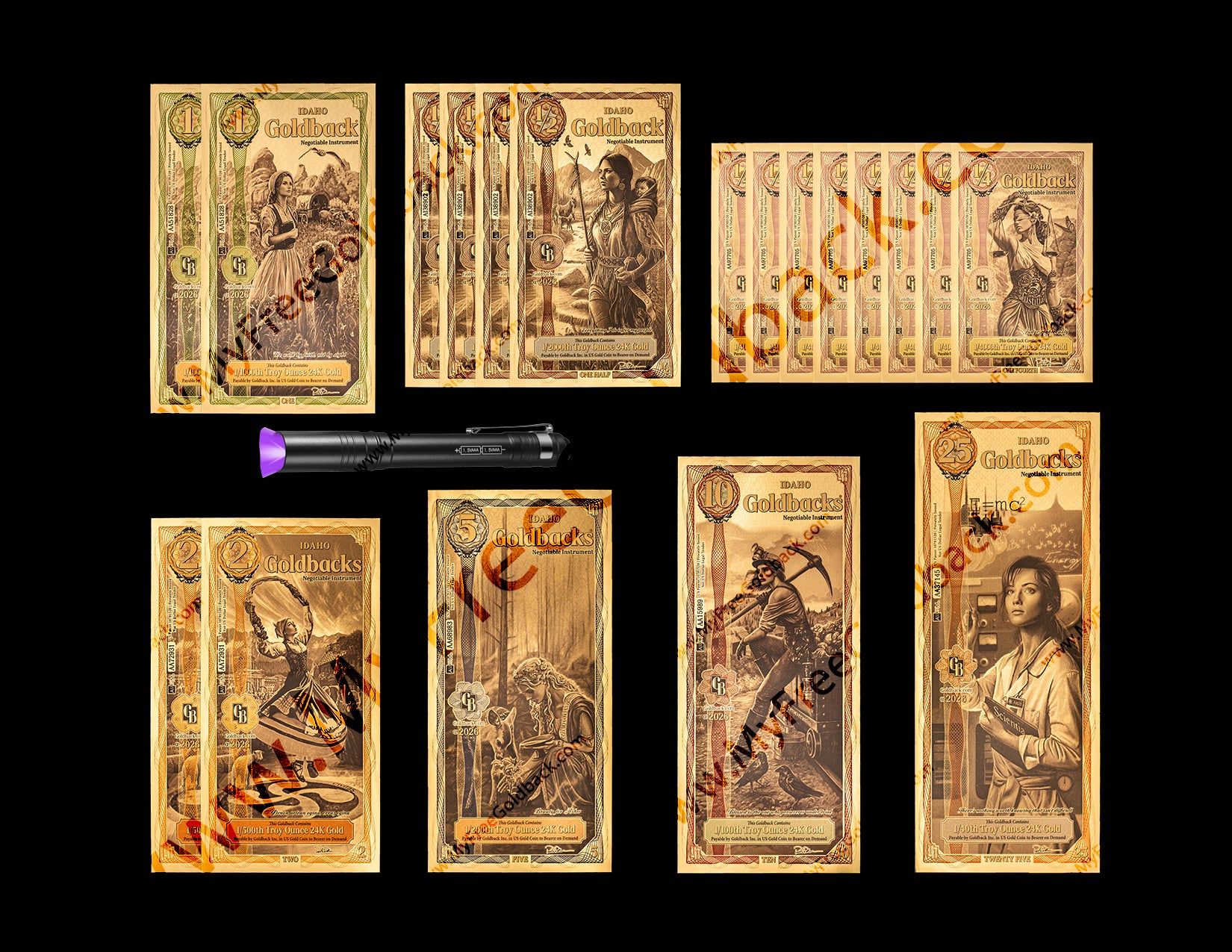 Idaho Goldbacks Variety Pack Version B- 1/4, 1/2 ,1, 2, 5, 10 (50 Face Value)