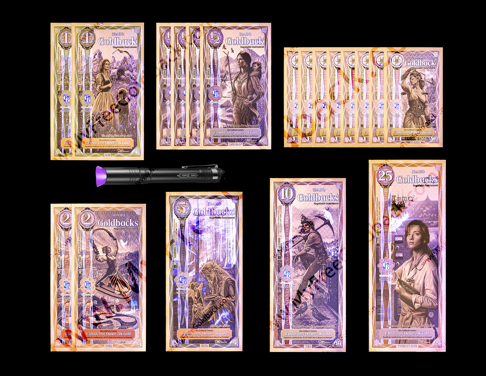 Idaho Goldbacks Variety Pack Version B- 1/4, 1/2 ,1, 2, 5, 10 (50 Face Value)