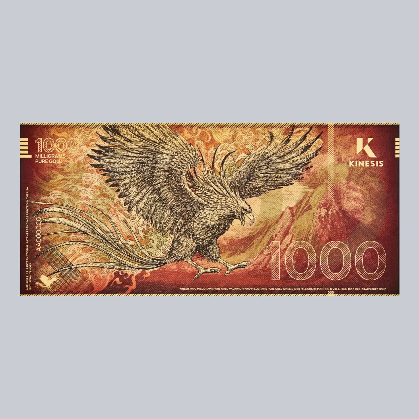 1000mg Kinesis Phoenix 24k Gold Bill- Aurum maker of Goldback