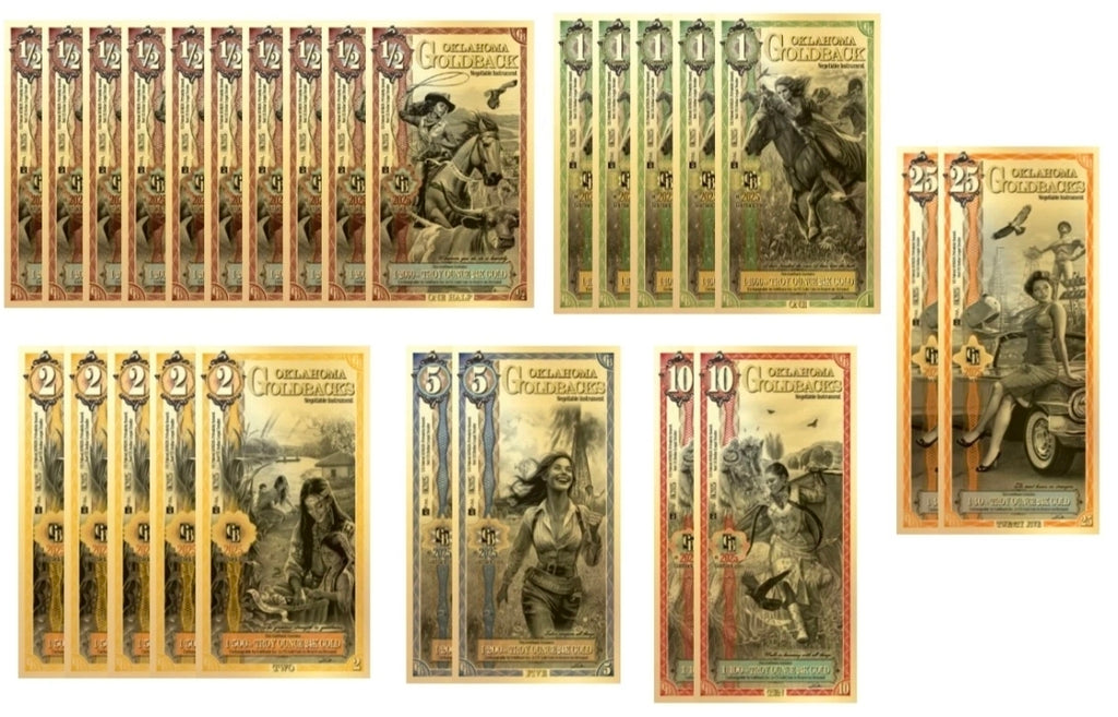 Oklahoma Goldbacks Mix Pack Version 2- 1/2 ,1, 2, 5, 10, 25 (100 Face Value)