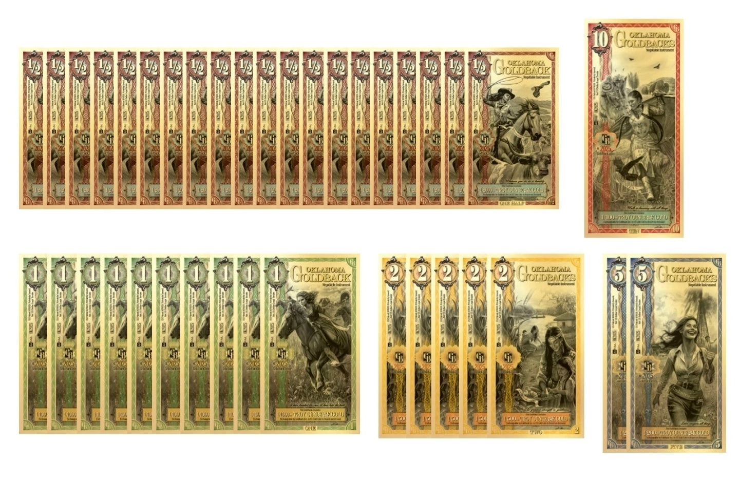 Oklahoma Goldbacks Variety Pack 1/2 ,1, 2, 5, 10 (25 Face Value)