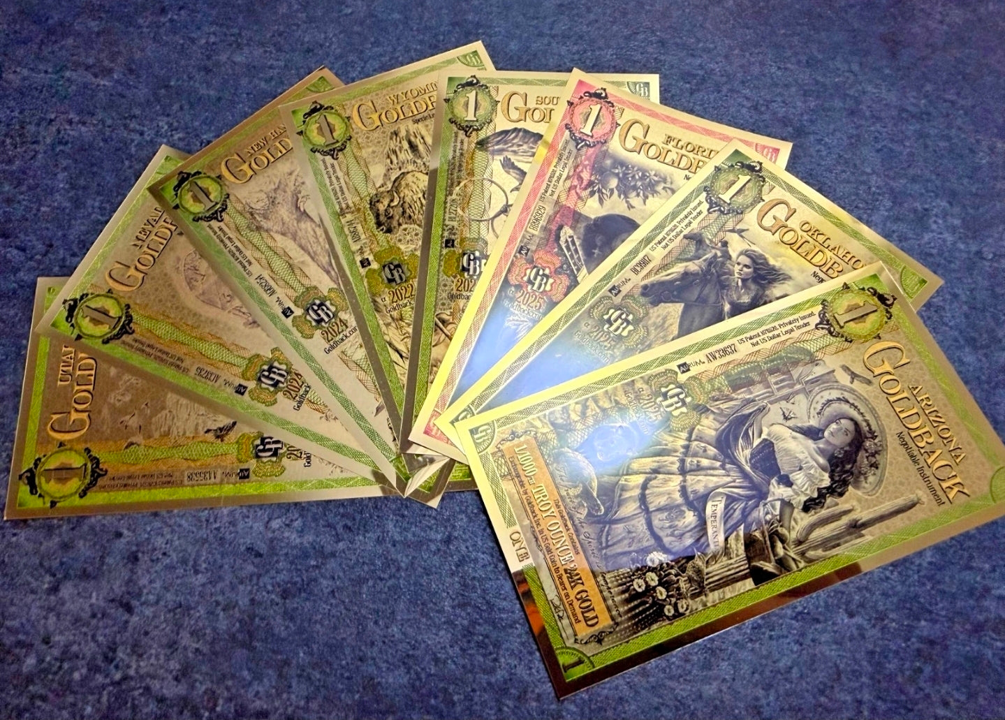All 8 Goldback States, 1 Note Set (AZ, FL, NV, NH, SD, OK, UT, WY)