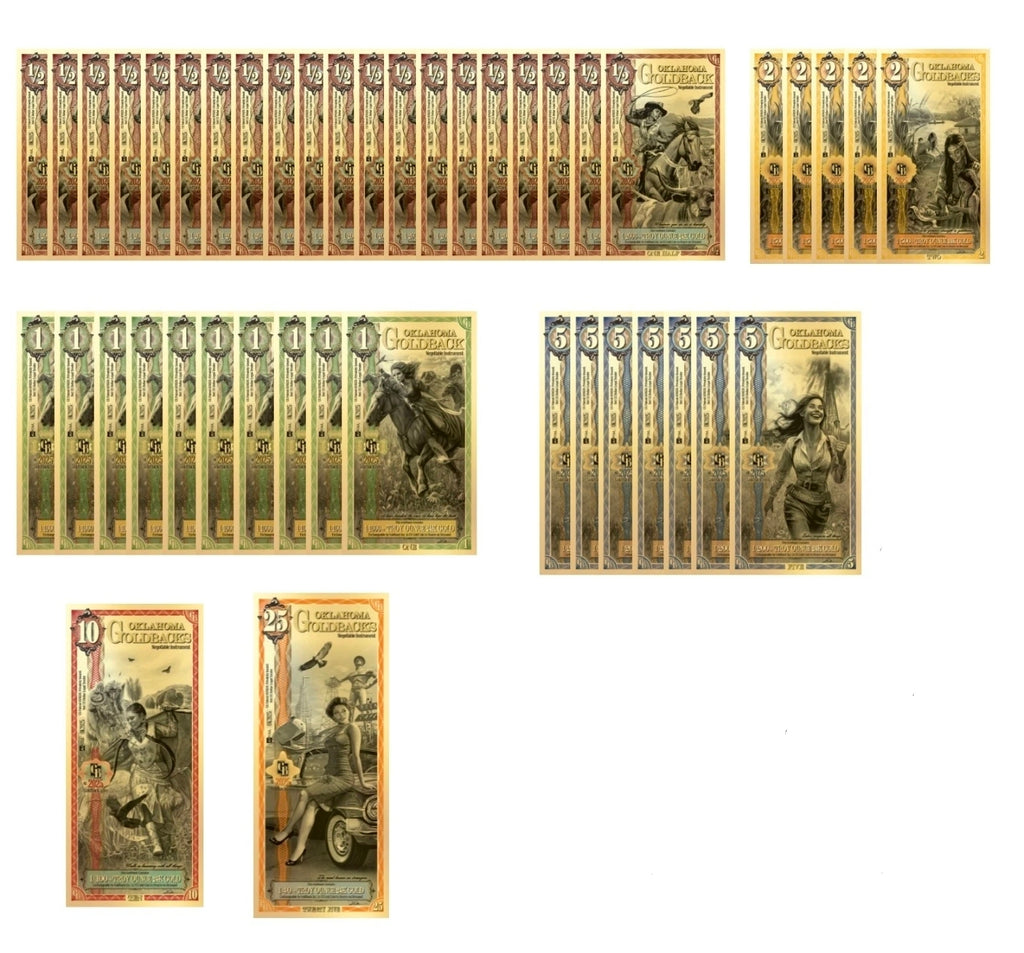 Oklahoma Goldbacks Mix Pack 1- Version 1/2 ,1, 2, 5, 10, 25 (100 Face Value)