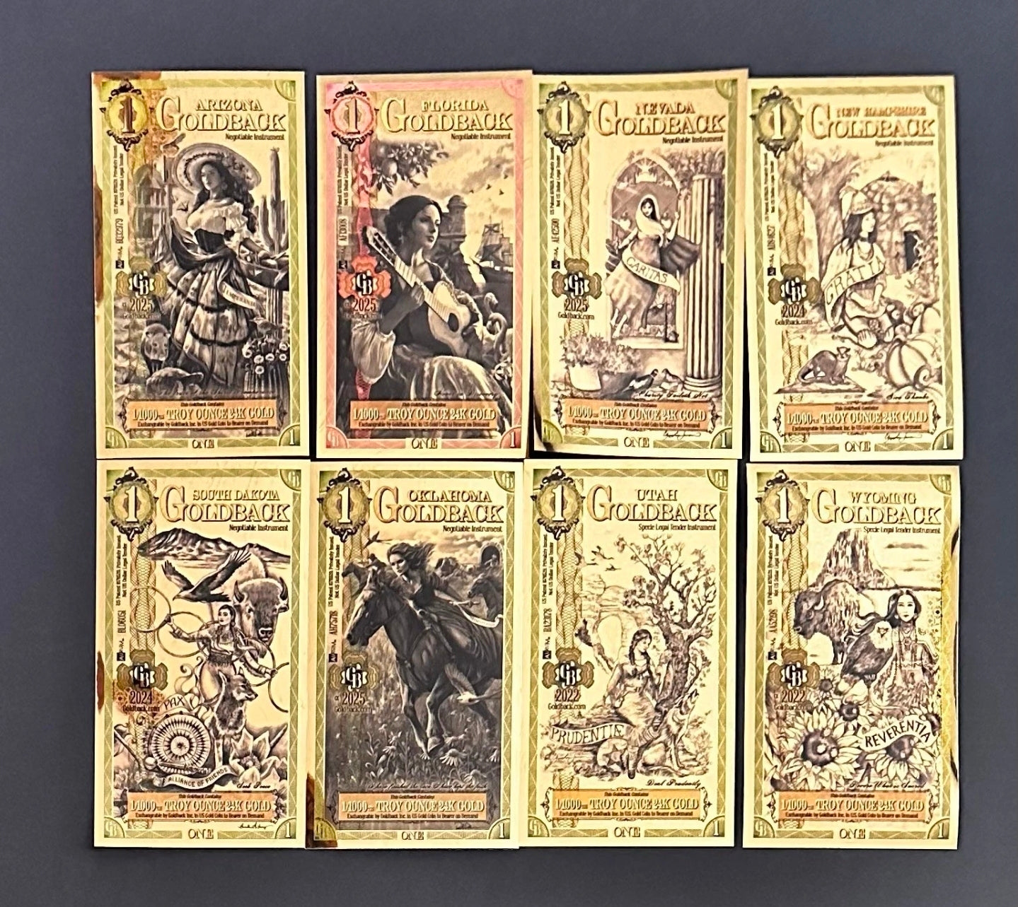 All 8 Goldback States, 1 Note Set (AZ, FL, NV, NH, SD, OK, UT, WY)