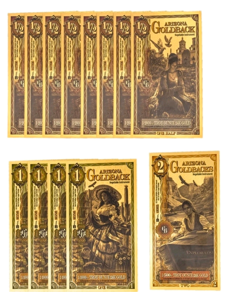 Arizona Goldbacks Mini Pack 1/2 ,1, 2, (10 Face Value)