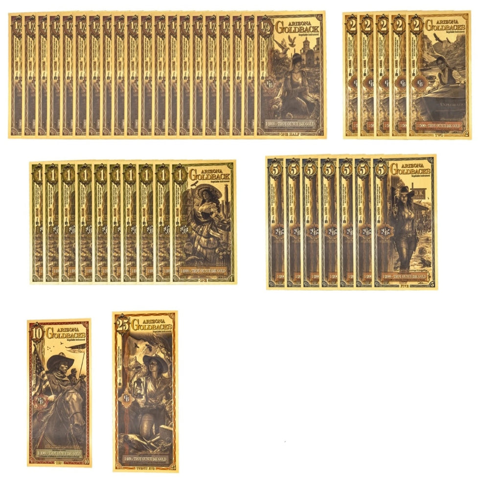 Arizona Goldbacks Mix Pack Version 1- 1/2 ,1, 2, 5, 10, 25 (100 Face Value)