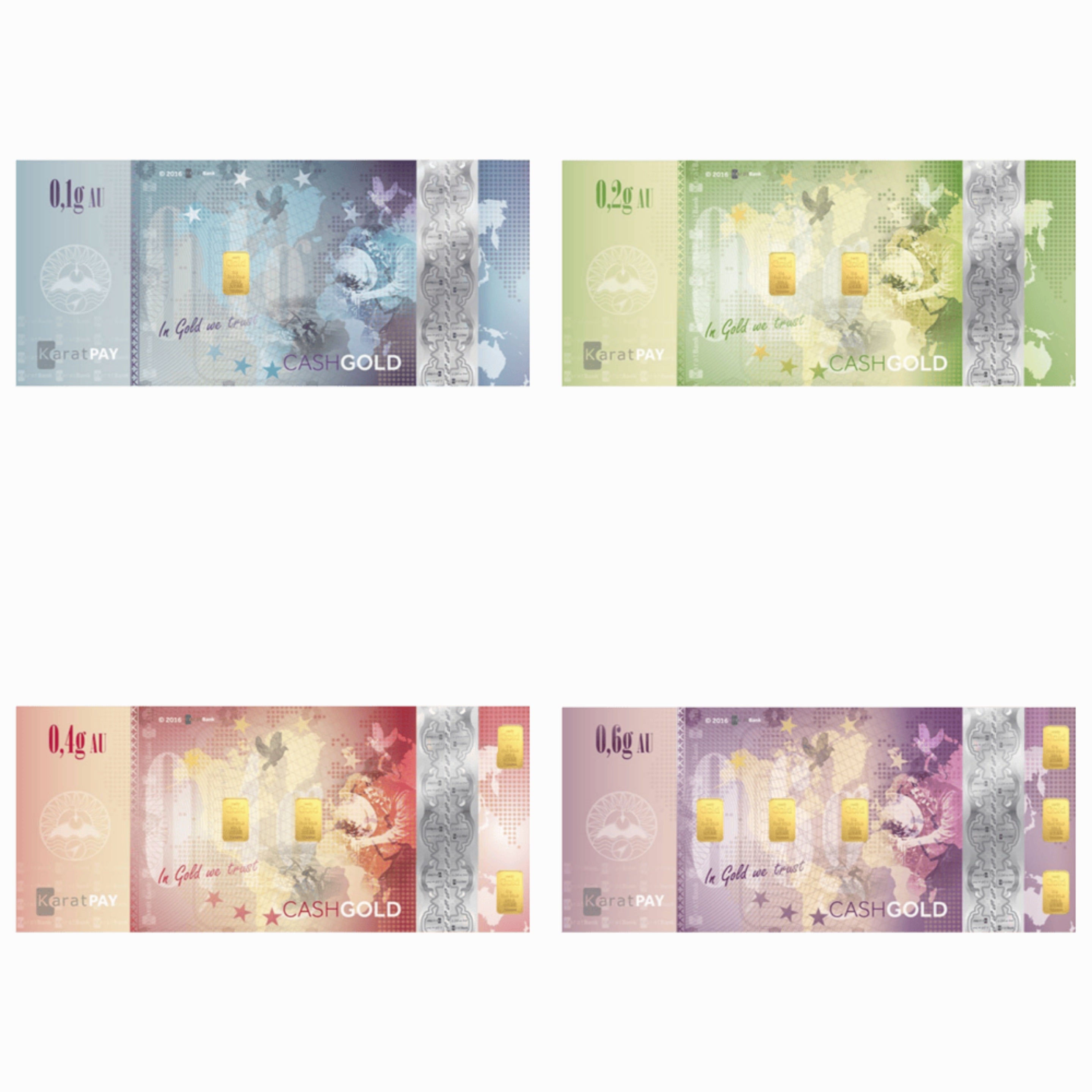 24K Gold Karatbars Nadir Complete Set 4 notes .1, .2, .4, .6 Gram 1.3g total 999.9 Karatpay Cashgold