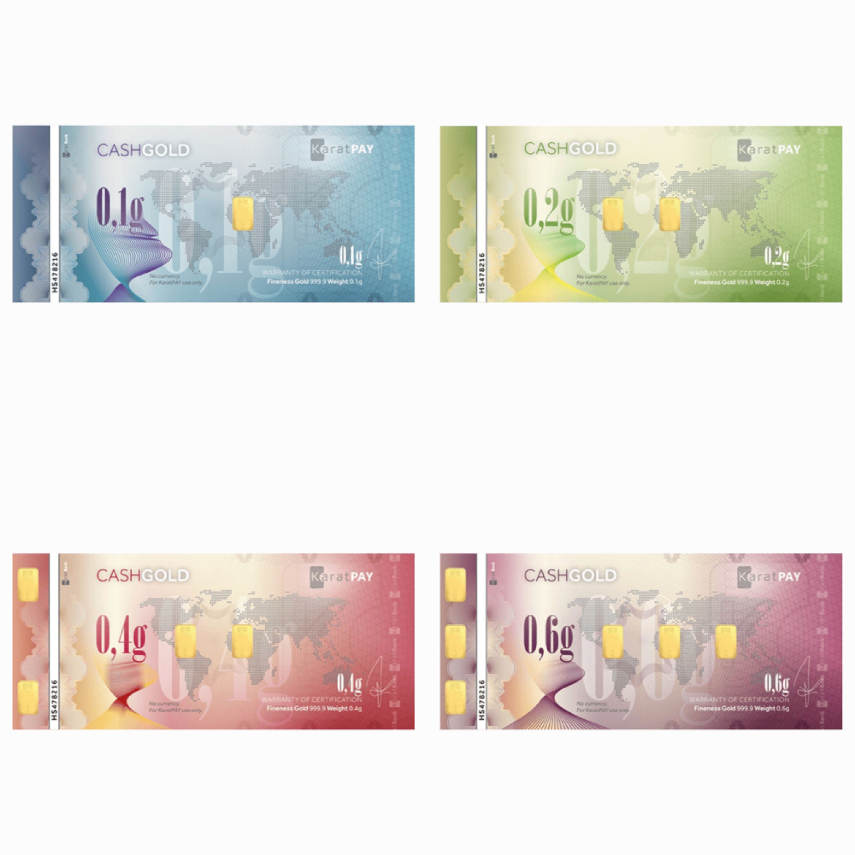 24K Gold Karatbars Nadir Complete Set 4 notes .1, .2, .4, .6 Gram 1.3g total 999.9 Karatpay Cashgold