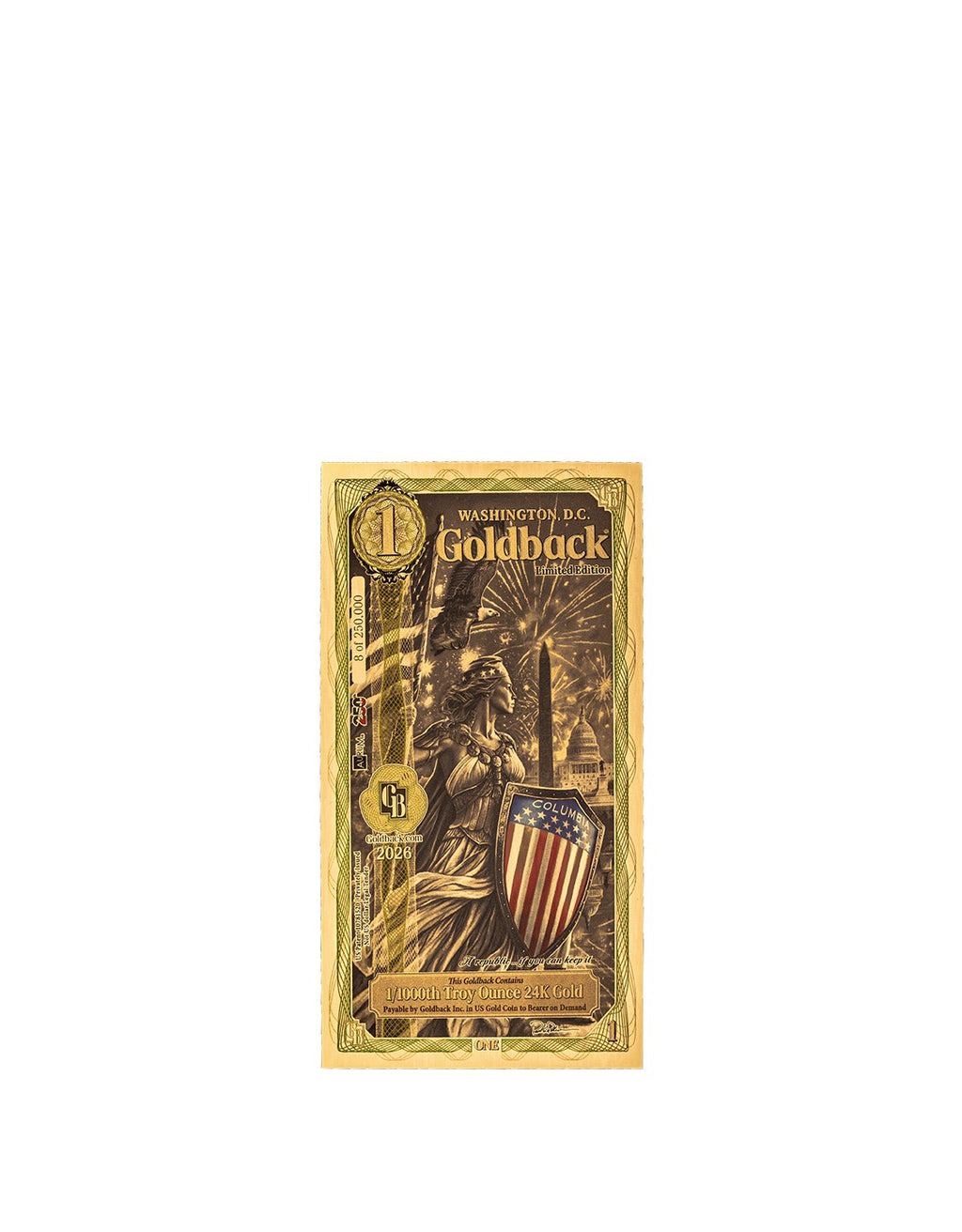 Washington D.C. 1 Goldback Colorized Edition front