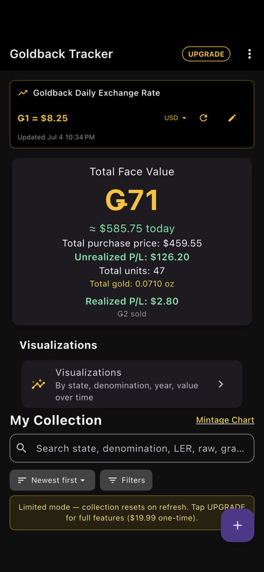 Goldback Tracker screenshot — Home portfolio dashboard