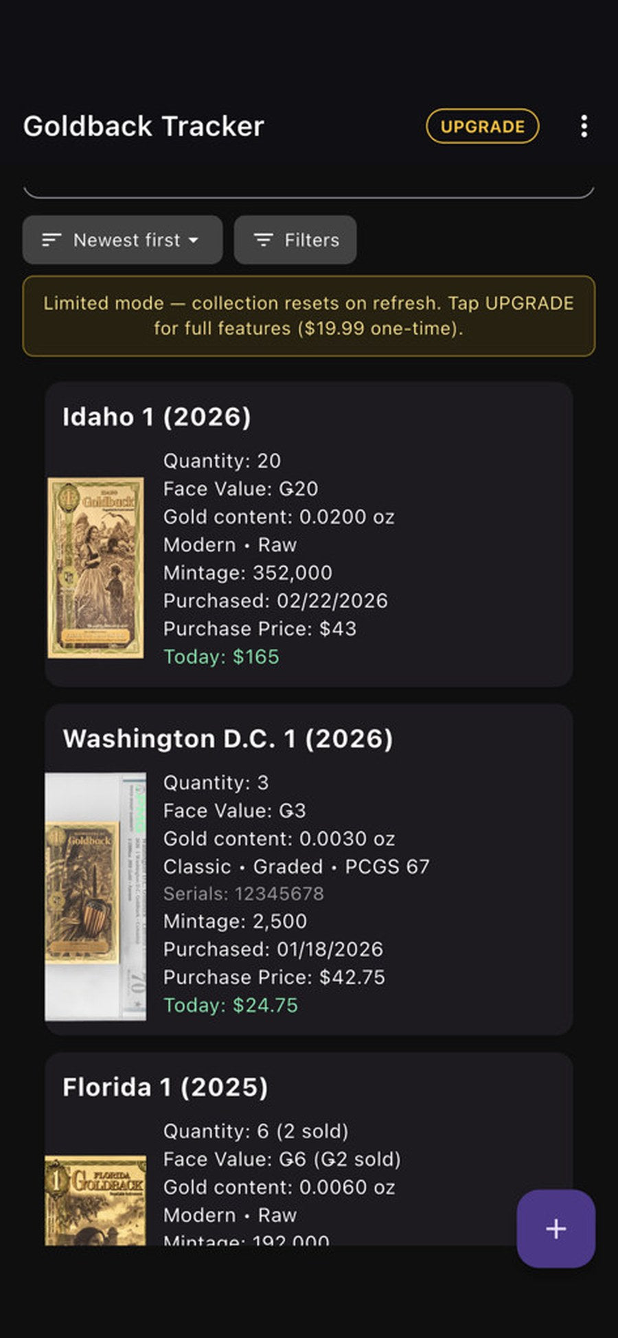 Goldback Tracker screenshot — My Collection notes list